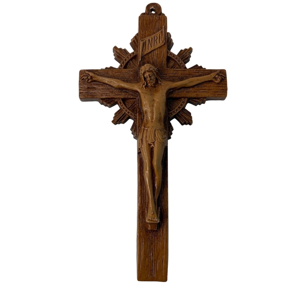 Vintage Catholic Crucifix Jesus INRI Faux Wood Resin Wall Cross 6" Religious